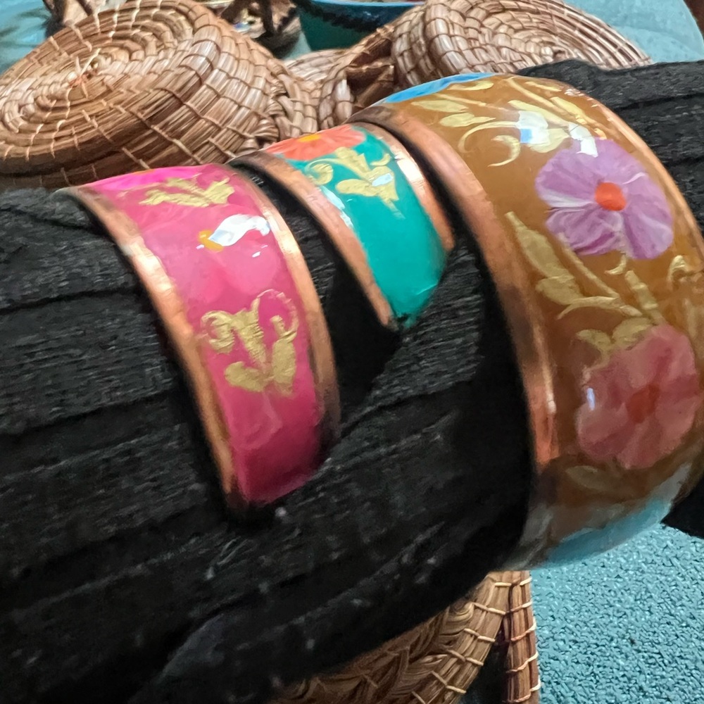 3 hand painted copper bracelets from Mexico - Picture 3 of 5